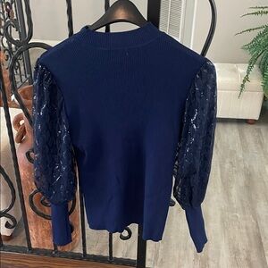 Cato Navy Ribbed Sweater with Black Sequin Puff Sleeves